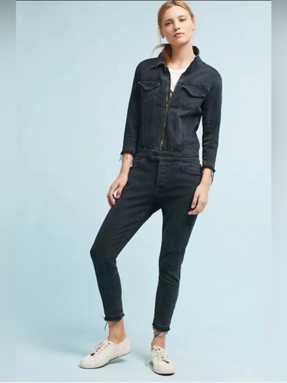 Anthropologie DL1961 Size Small Black Raw Frayed Zip Up Denim Winnie Jumpsuit
